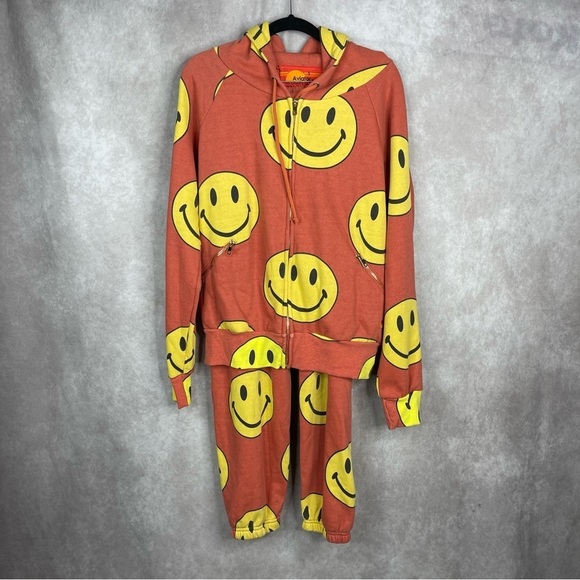 Aviator Nation Smiley Face Repeat Zip Up Hoodie Sweatpant Set In Rust Size S - Picture 1 of 14